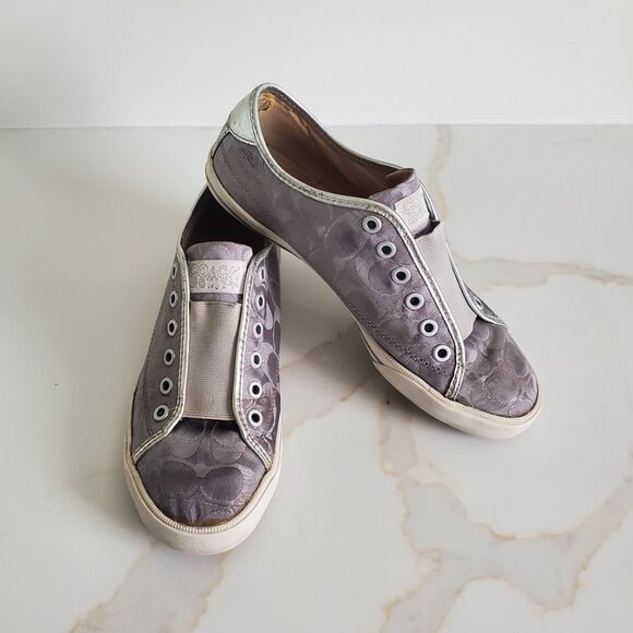 COACH Bev Sz 8 Metallic Silver Logo Slip On Sneakers EUC - Picture 1 of 6